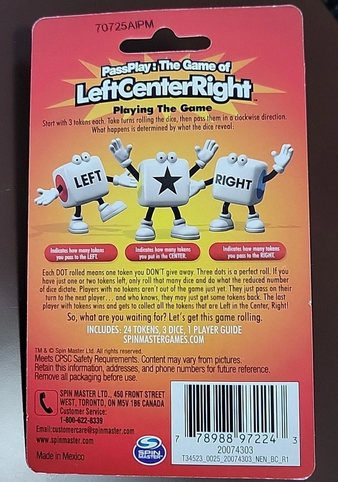 Pass Play - El Juego de Dados Centro Izquierdo Derecho Juego Master Tube Foto 2 de 2