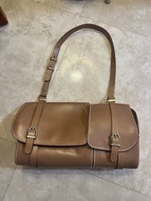 Trussardi Brown Smooth Italy Leather Small Shoulder Bag Silvertone Logo Handbag 