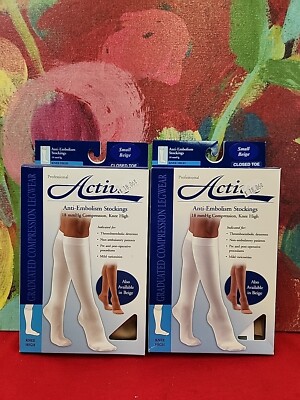 Activa Lot Of 2 Pr Anti-Embolism Stockings Knee Highs CT 18mmHg Beige Small NIB