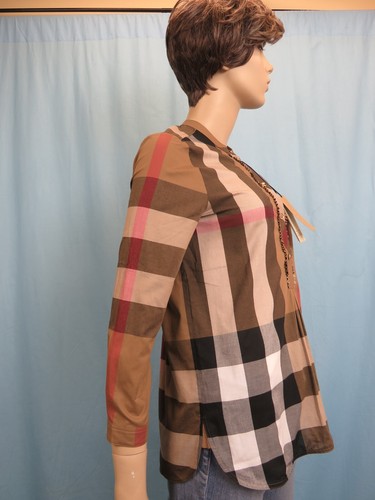 NWT BURBERRY BEIGE COTTON HOUSE CHECK BUTTON FRONT LONG SLEEVE BLOUSE SHIRT US 4 - Picture 7 of 13