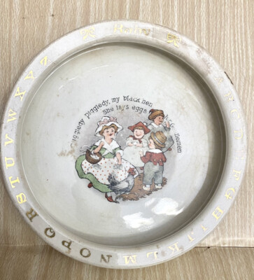Roseville Pottery Baby Feeding Dish Alphabet  Nursery Rhyme Lady Hen Kids Eggs