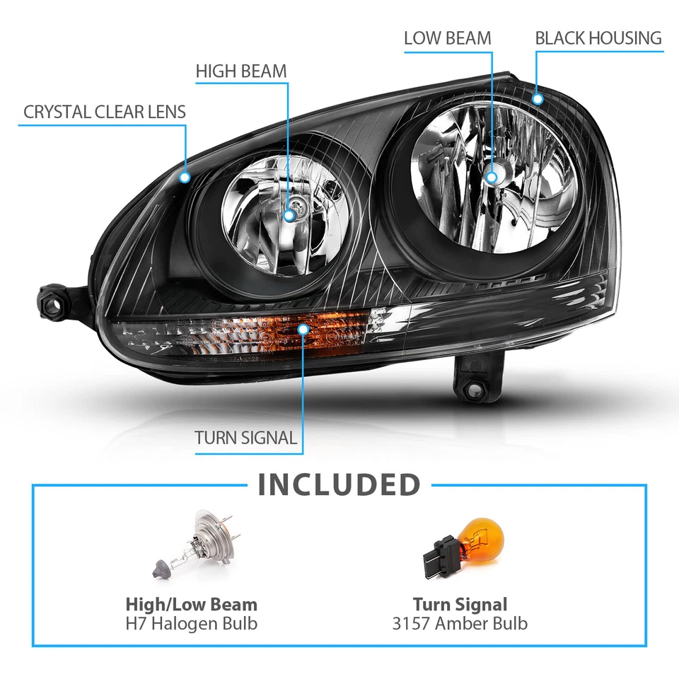 2006 2007 2008 2009 For Volkswagen VW Mk5 Golf Jetta GTI Black Headlights Pair Foto 4 de 4
