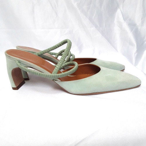 New ROSETTA GETTY $700 Mint Green Ruched Strap Suede Mules Heels Italy EU 36