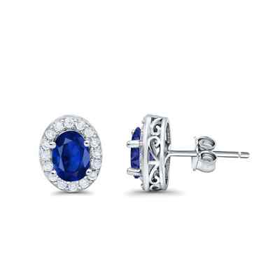 2 ct. Ovale blau-weiße Saphir filigrane Halo Ohrstecker in Sterlingsilber