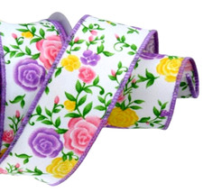 Purple Pink Yellow Roses 1.5" x 2 yd White Wired Ribbon Valentine's Day Easter