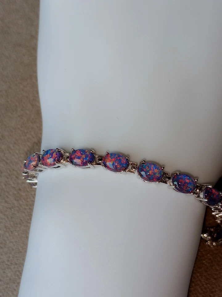 Pulsera de ópalo azul natural, pulsera de tenis, plata piedra de nacimiento de octubre, ópalo Foto 2 de 3