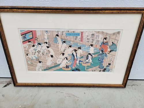 Japanese Wood Block Quarrelling and Scuffling in the Women's Bathhouse, Yoshiiku