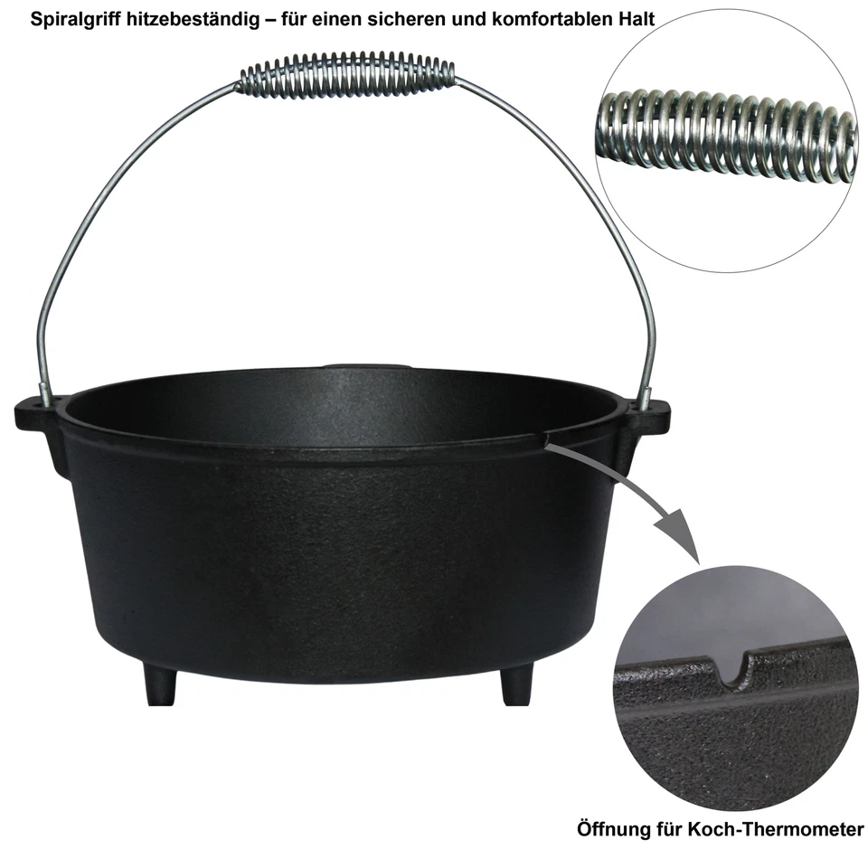 Dutch Oven Set Gusseisen Deckelheber BBQ Feuertopf Schmortopf 1,8L-13,6L Rezepte - Bild 4 von 4