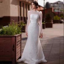 Luxury Mullelin Wedding Dresses O-Neck Long Sleeves Detachable Train Bridal Gown