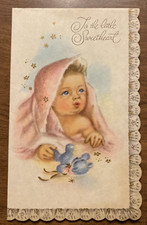 Vintage 1960's New Baby Newborn Congratulations Card Playing w/ Teddy Bear P8a