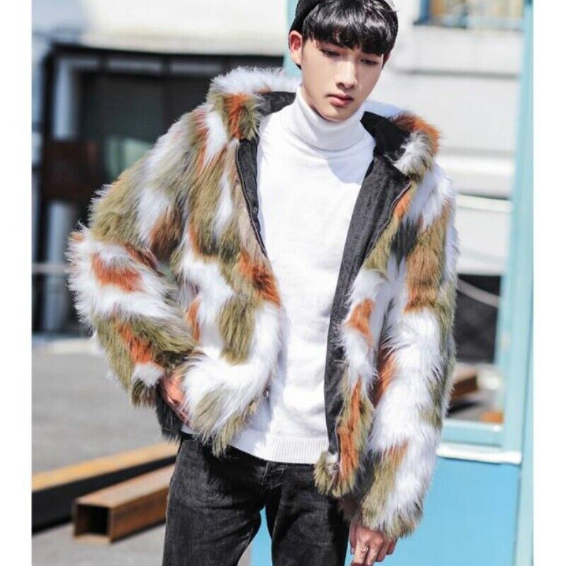 DIOMOR Funny Faux Fur Hooded Coat for Men Oversized Unique Furry Sherpa Overcoat Fuzzy Thick Warm Parkas Bear Leopard 
