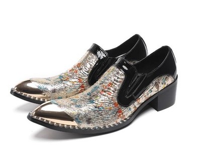 Men Pointed Toe Colorful Buckle Strap Block Heels Leather Dress Party stage Shoe