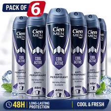 6x Cien Men Cool Active Anti-Perspirant Deodorant Spray 250ml Long Lasting Dry