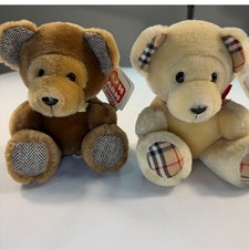 Vintage 1986 Fun Farm by Dakin Remington Bears Set Brown Cream Plaid 7 Inch 2