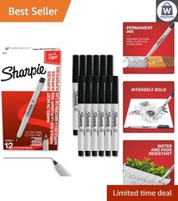 Ultra Fine Tip Black Permanent Markers - 12 Pack, Quick Drying Fade Resistant