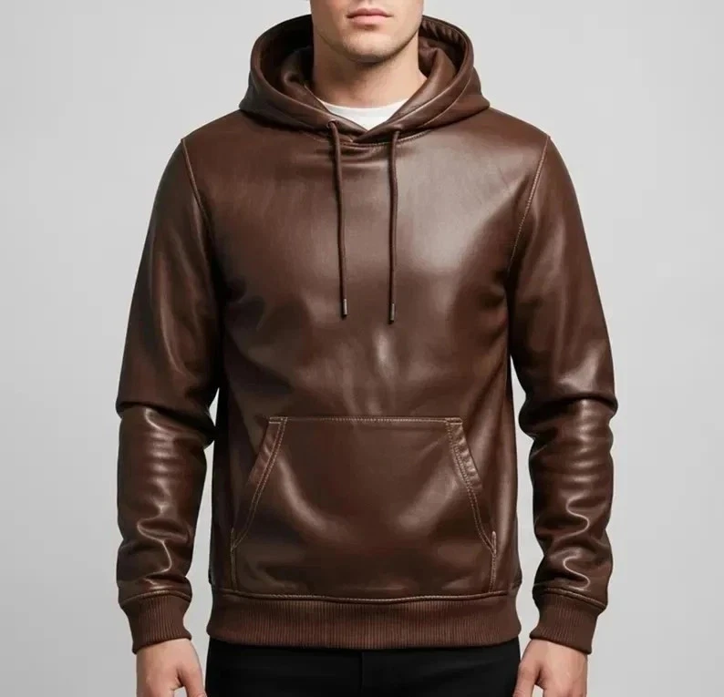 Men's Brown Premium Leather Hoodie Handmade Real Lambskin Leather Jacket