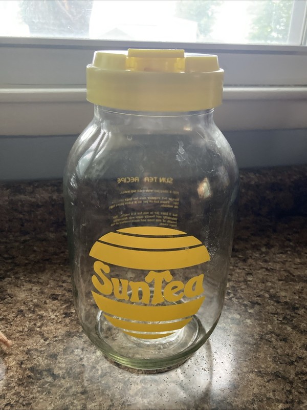 Vintage SunTea Large Glass Gallon Jar with Yellow Cap Recipe On Back 3L 11” Tall