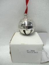 Vintage 1984 Reed & Barton Holly sleigh Bell Christmas Ornament round silverplat