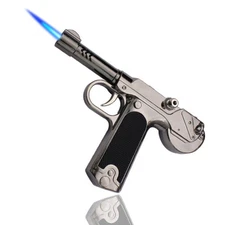 Pistol Shaped Gun Lighter Butane Torch Lighter- Windproof, Refillable, silver