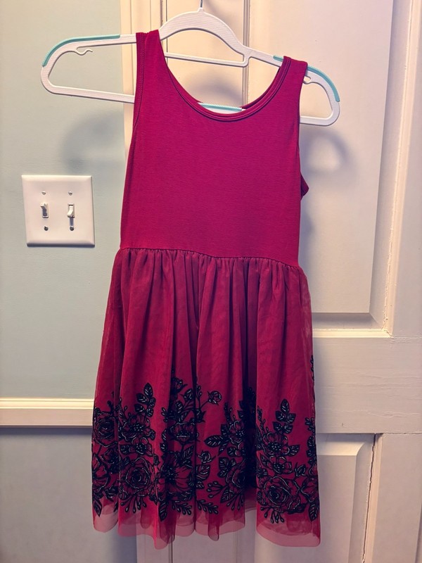 Knitworks Red/Black Dress With Sparkling Flower Pattern and Tulle Skirt Size 12
