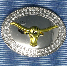 Longhorn Steer Belt Buckle Cowboy Bright Silver Tone Rhinestones Vintage .CVB722
