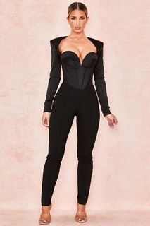 HOUSE OF CB 'Zoey' Black Satin Corset Jumpsuit L 12/14 A C CUP 6985