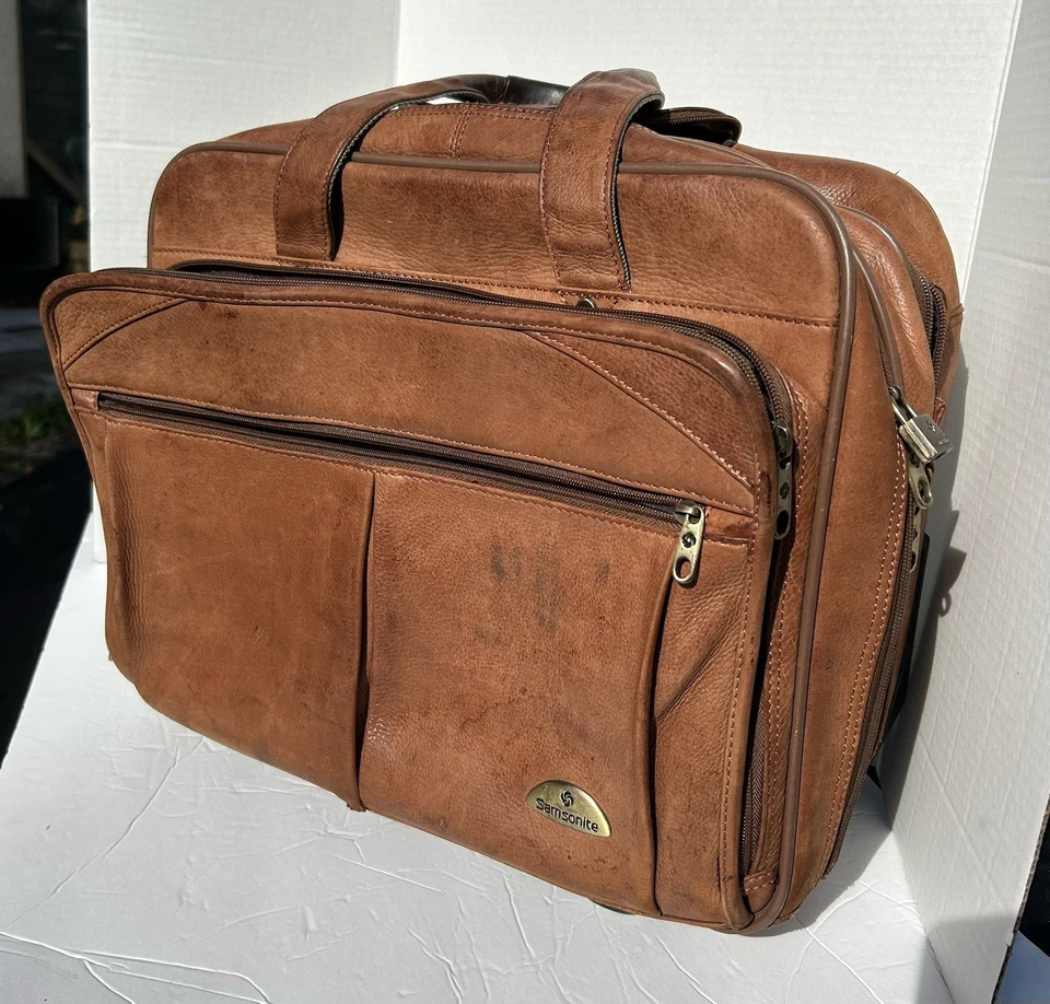 SAMSONITE CUERO Coñac Tostado Bolso con Ruedas Maletín Viaje Laptop Equipaje de Mano Foto 4 de 4