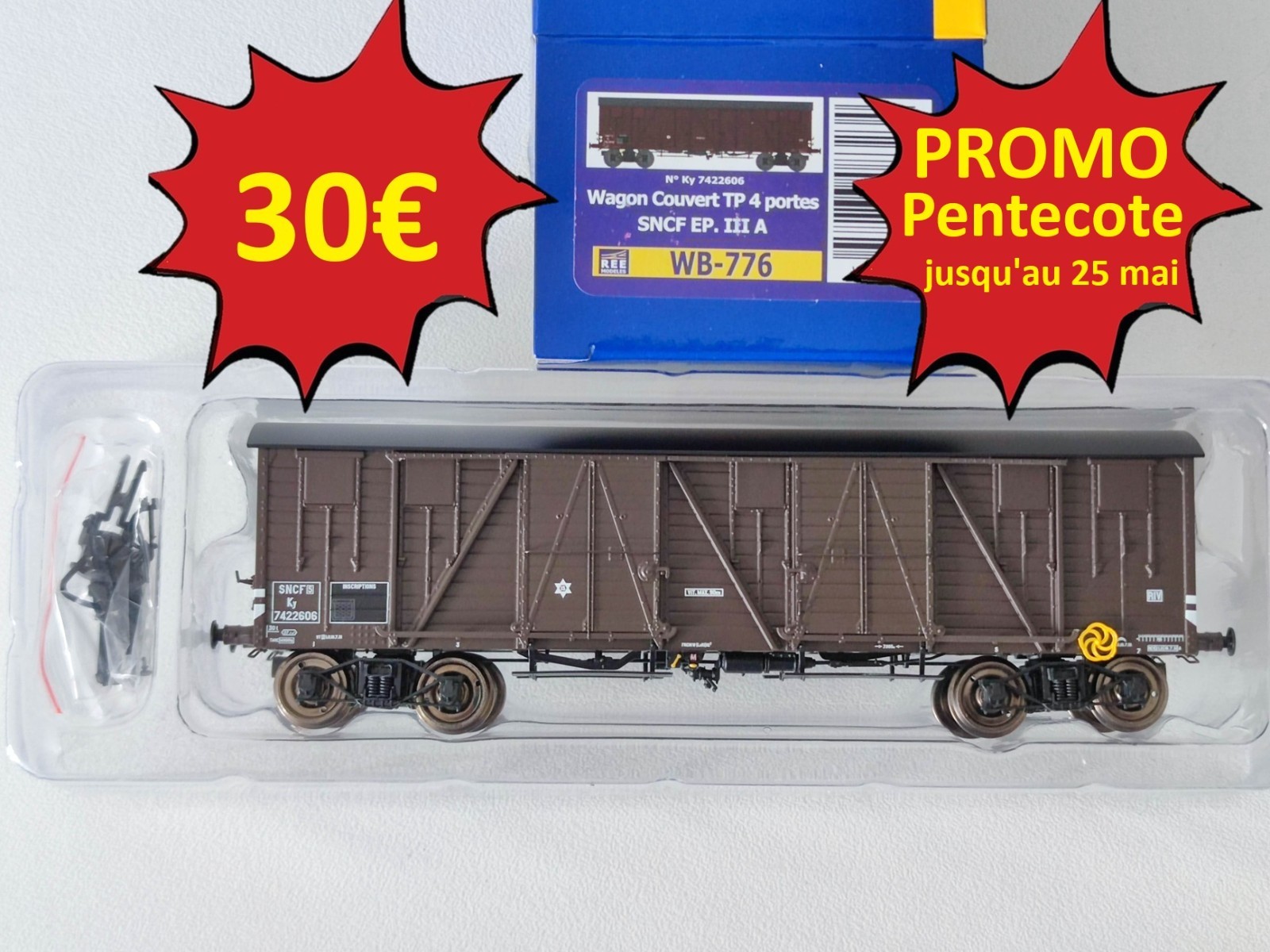 Wagon couvert TP SNCF EpIII HO REE MODELES WB-776 train miniature marchandise marron