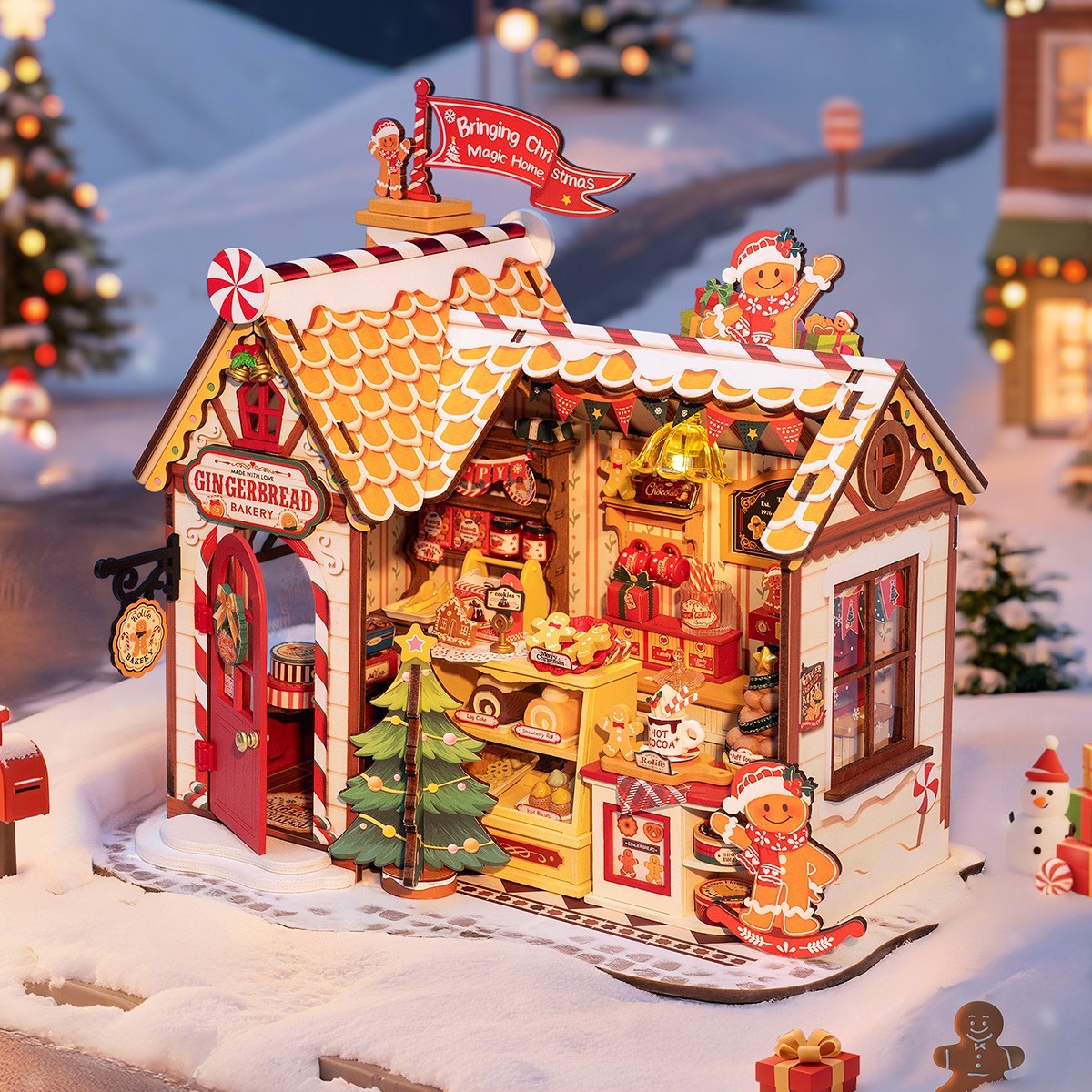 Rolife Wooden Miniature DollHouse 3D Puzzle Christmas Gingerbread LED Xmas Gifts