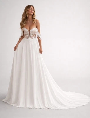 HBH Brautmode I Brautkleid Vintage Spitze Brautchiffon A-Linie Ivory - Bild 1 von 4