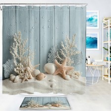 Blue Seashell Starfish Vintage Beach Shower Curtain Set for Bathroom Decor