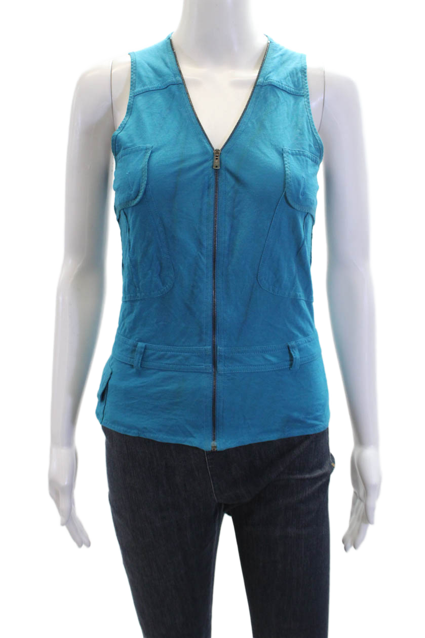 Top smanicato donna Yves Saint Laurent cotone zip intera scollo a V blu taglia M