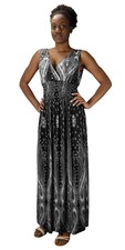 Black Paisley Print Smocked Waist Tank Maxi Dress Boho Womens Large