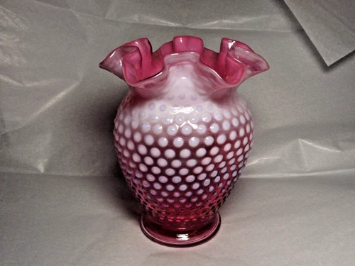 Vintage Fenton Cranberry Hobnail Opalescent Double Crimped Rim Vase 6" Tall