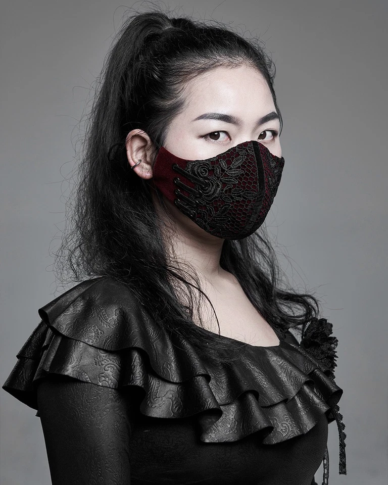 Punk Rave Mens Womens Gothic Steampunk Face Cover Mask Red Velvet Black Lace VTG - Image 4 of 4