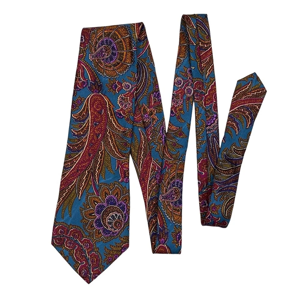 Corbata de cuello vintage Burberry Paisley azul marrón 100 seda Han cosida en EE. UU. Foto 3 de 4