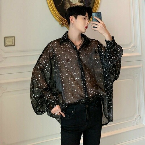 Men Sheer Baggy Shirt Top Star Punk 