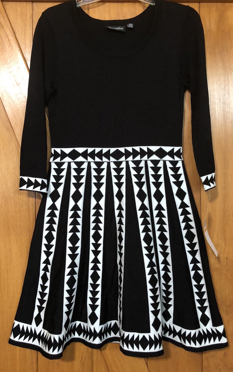 Nina Leonard Womens Black White Stretch Long Sleeve Fit And Flare Dress  Size S
