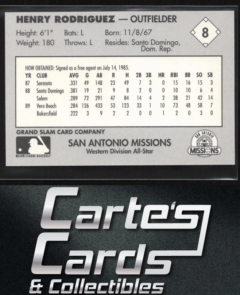 Henry Rodriguez 1990 Grand Slam Texas League All-Stars #8 San Antonio Missions - Image 2 of 2