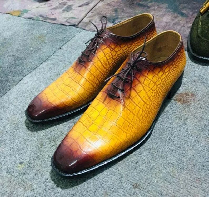 Handcrafted Men's Premium Alligator Skin Derby Shoes