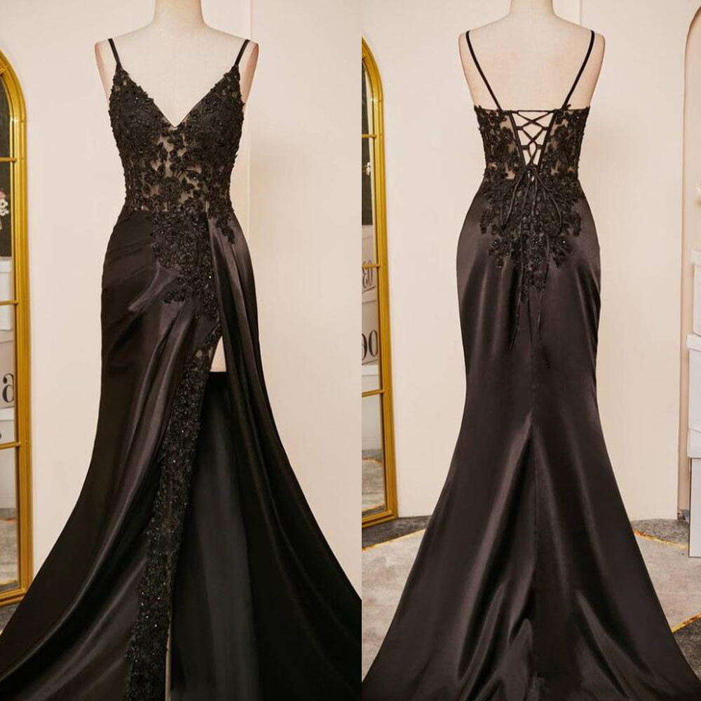 Black Satin Elegant Wedding Dresses with Straps Sexy Side Split Bridal Gowns  | eBay