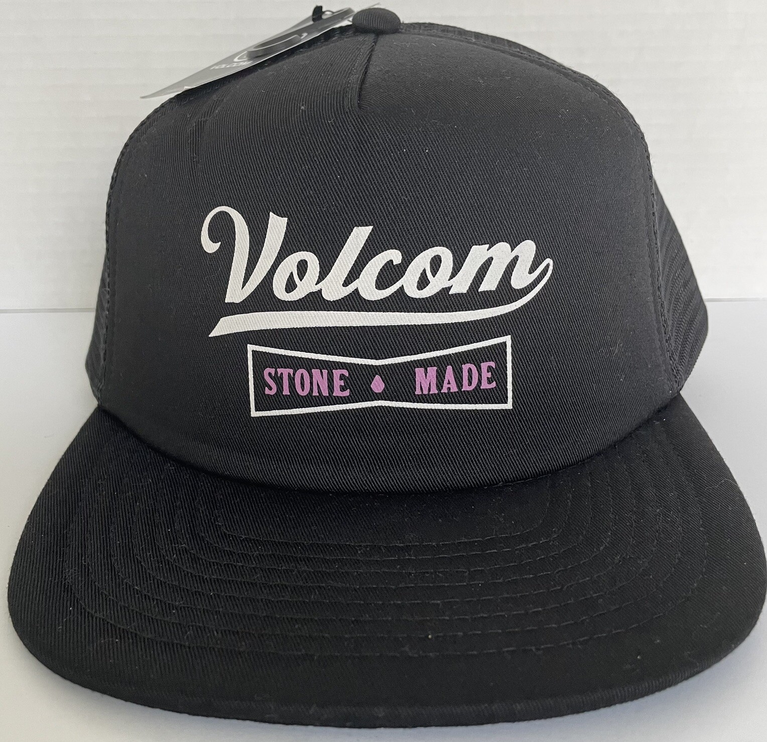 Volcom Stone Made Black Mesh Snapback Hip-Hop Trucker Hat-Logo Spell Out- Front