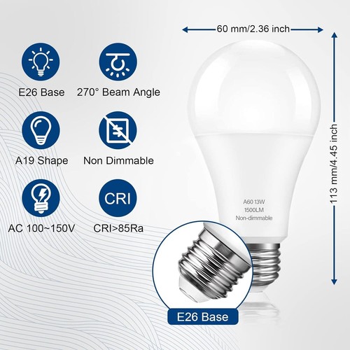 LED Light Bulbs100 Watt Equivalent A19 13W Lightbulb 5000K Daylight White 4 Pack - Picture 2 of 7