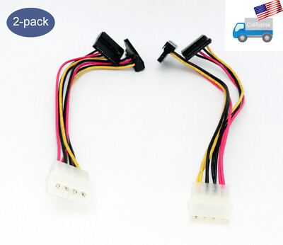 Lot of 2: NEW 7'' 4-pin Male Molex IDE to Dual Female 90-degree SATA Adapters