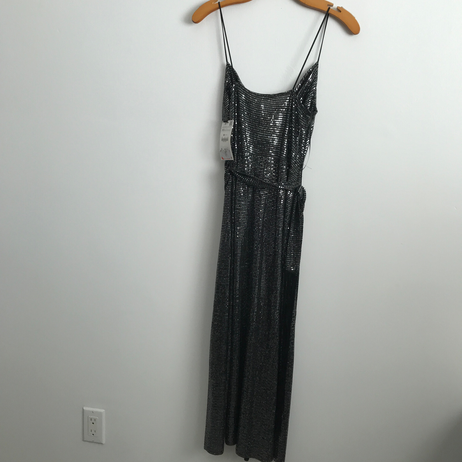 Zara XS Dress Silver Sequins Cowl Slip Midi Belt Fringe Tip Tie Sash