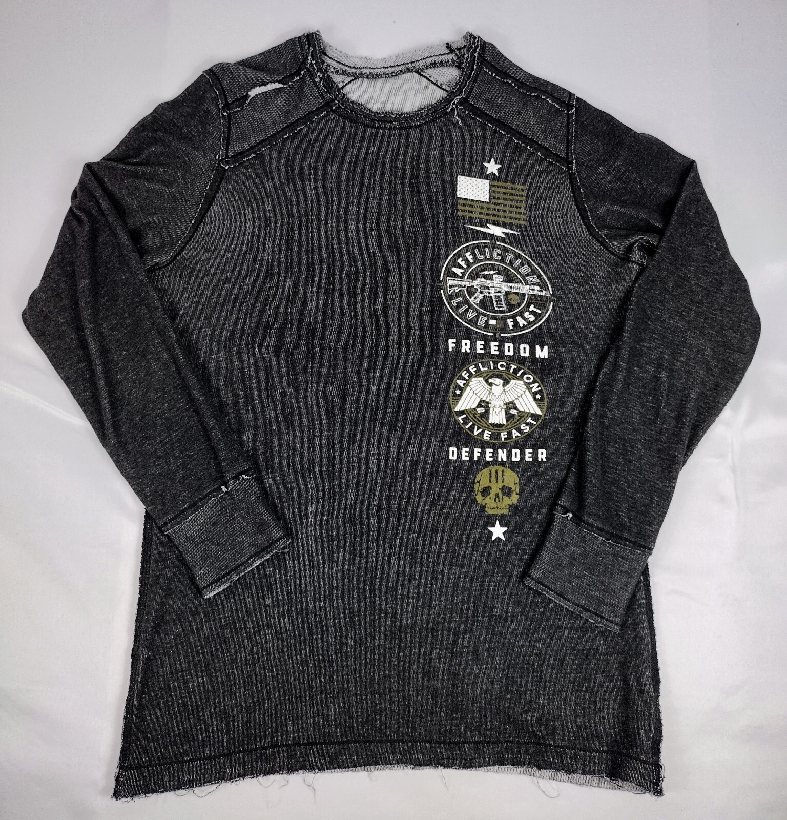 ALTRA Camicia reversibile effetto invecchiato Affliction Freedom Defender AR 15 taglia M manica lunga