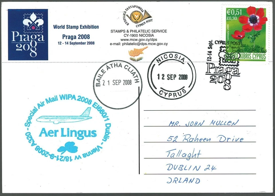Cubierta de correo aéreo de Chipre Nicosia a Dublín Irlanda 2008 Exposición Mundial de estampillas Amapola PC Foto 2 de 2
