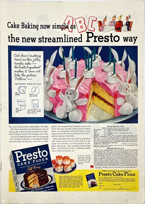 Presto Easter Bunny Pink Birthday Cake Recipe Flour Retro Vtg Print Ad 1941