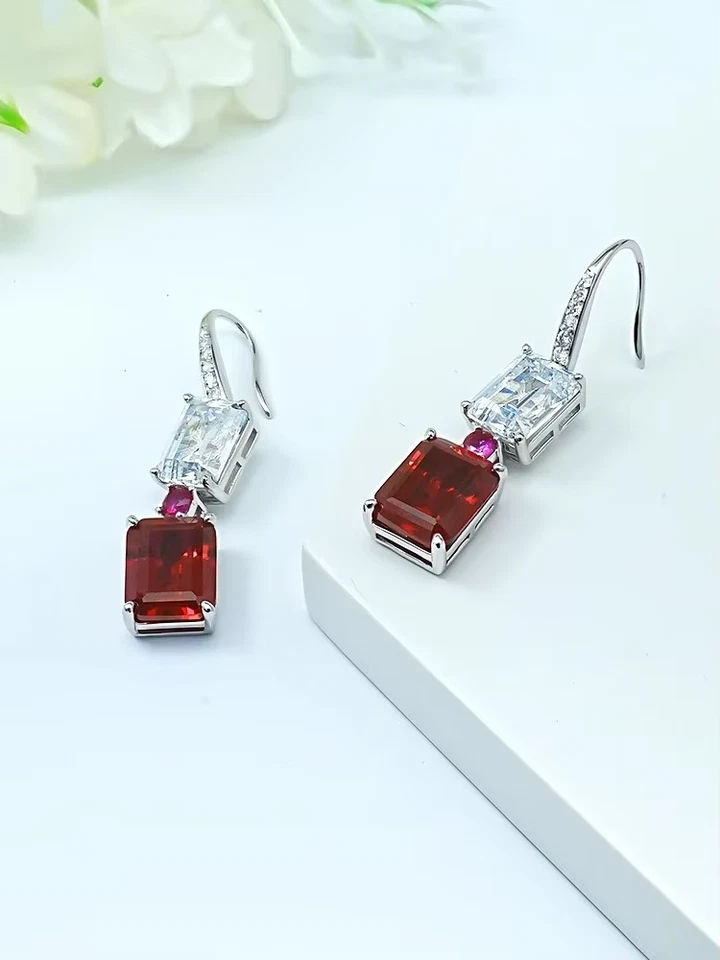 6Ct Emerald Cut Lab-Created Red Ruby Drop/Dangle Earrings 14K White Gold Plated - Image 3 of 4