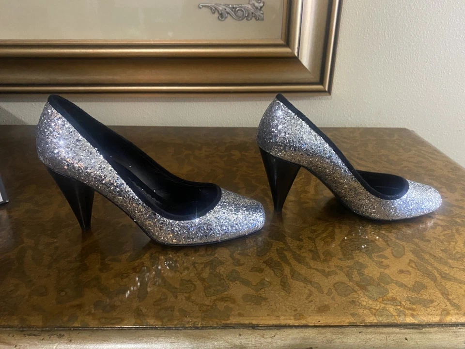Jessica Bennett Pump Silver Glitter Cone Heel Slip On Sz 8 Metallic - Image 2 of 4